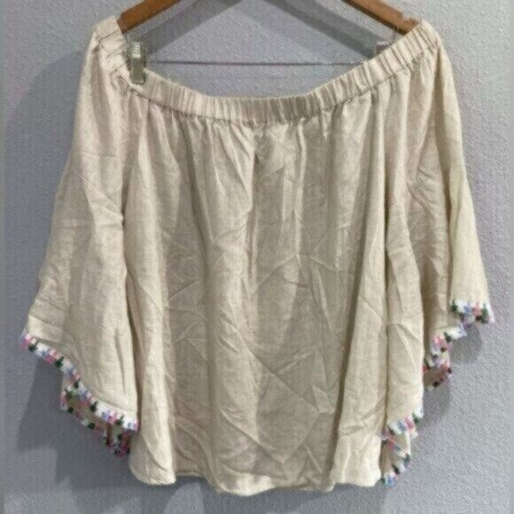 Andree By Unit Linen Boho Tassels Neutral Feminine Bell Sleeve Mod Top - Picture 1 of 7